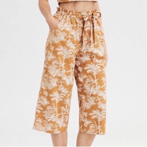 American Eagle Tropical Cotton/Linen Hawaiian Wide Leg Crop Paperbag Waist Pants - Picture 2 of 9